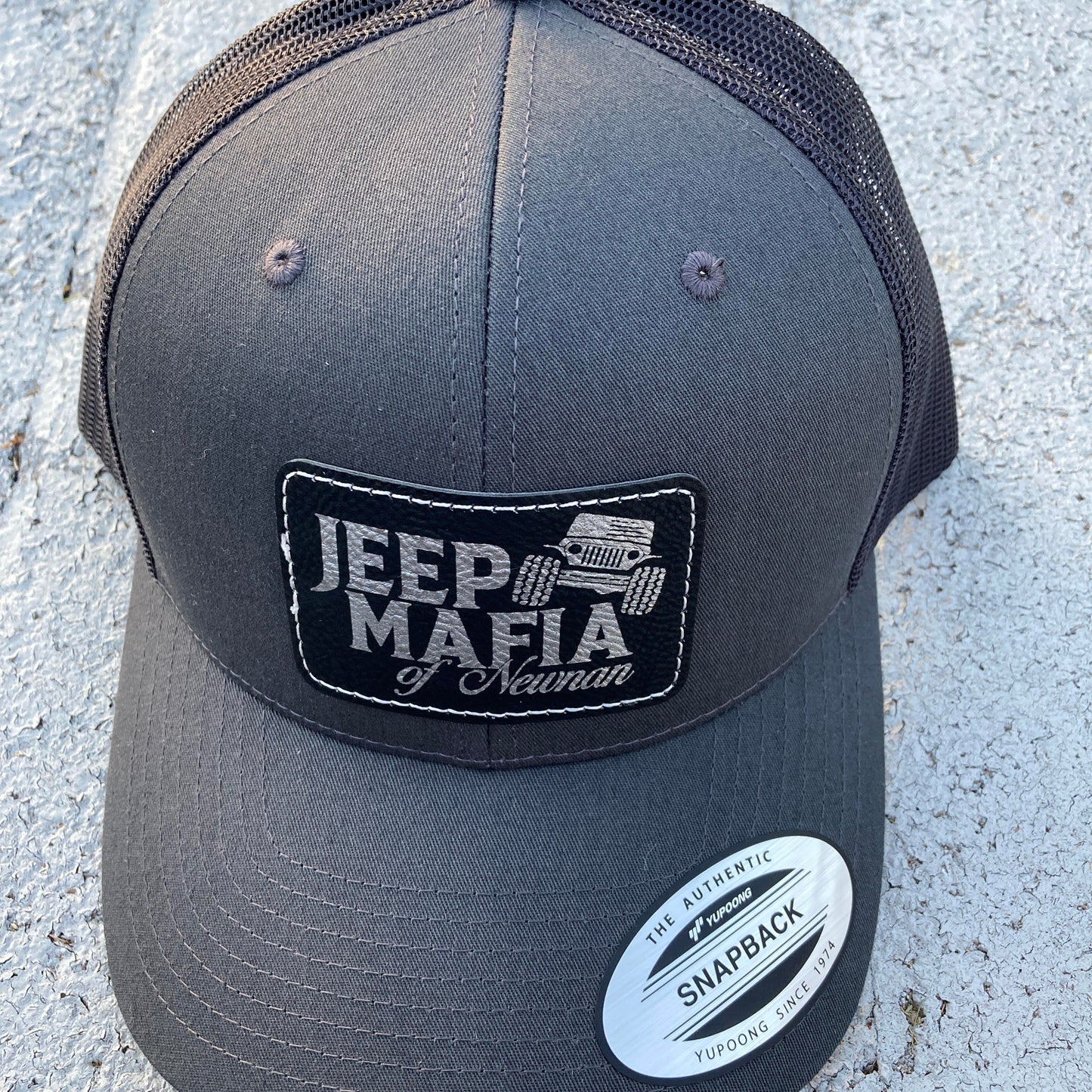 Charcoal Gray and Black Mesh Snapback Jeep Mafia of Newnan Hat