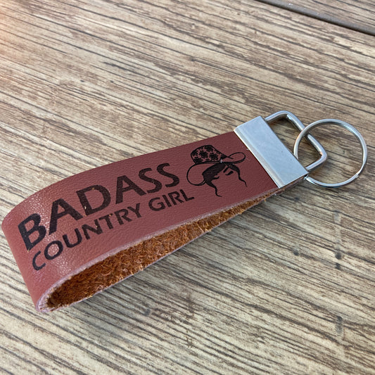Badass Country Girl (Hat and Glasses) Leather Keychain