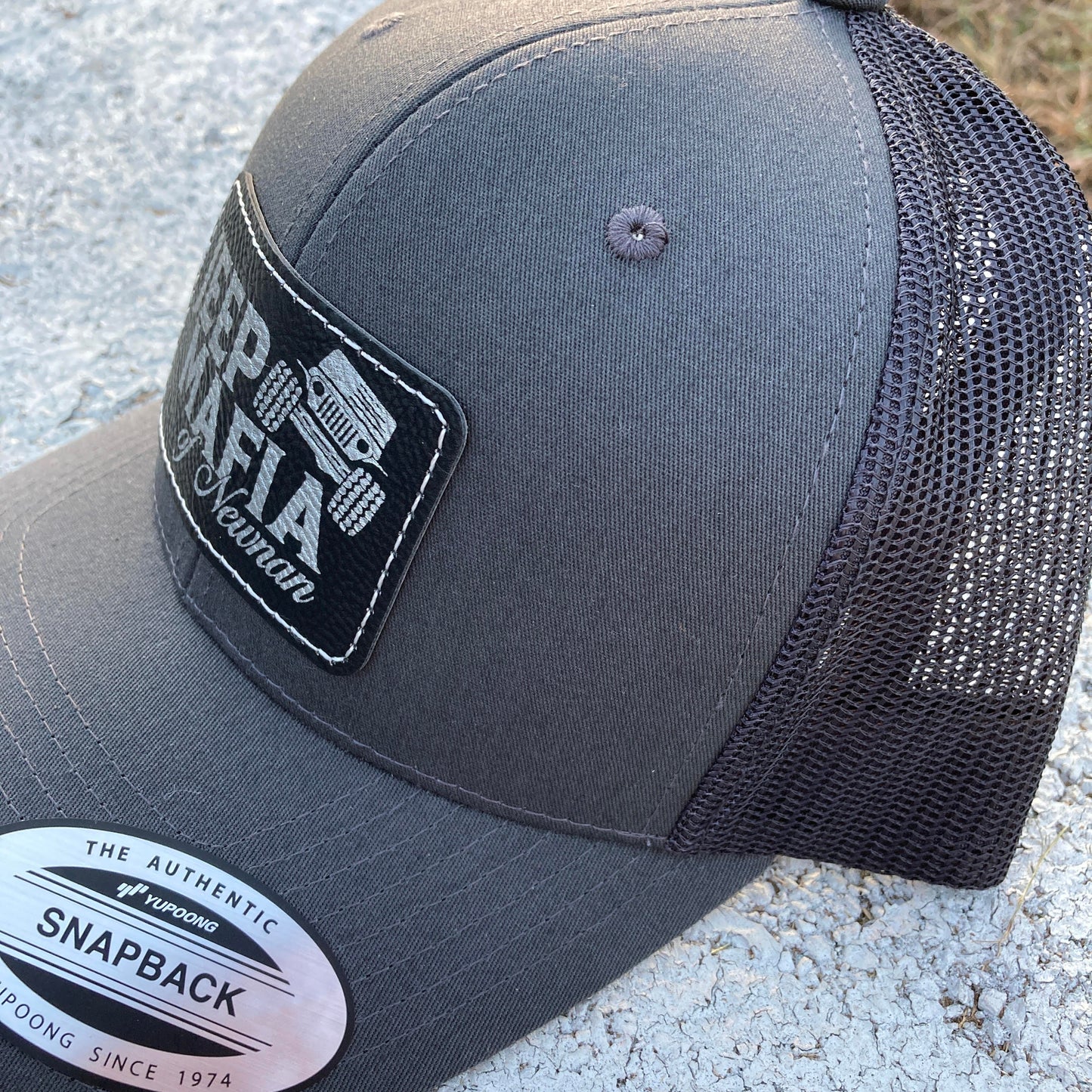 Charcoal Gray and Black Mesh Snapback Jeep Mafia of Newnan Hat