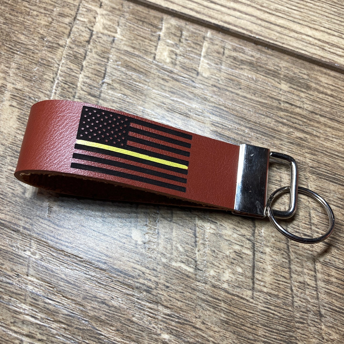 Thin Yellow Line Leather Keychain
