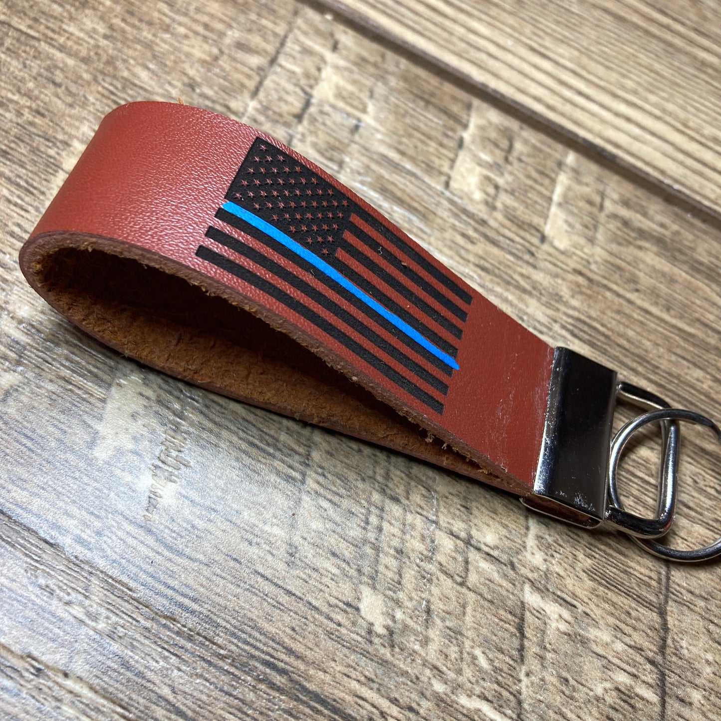 Thin Blue Line Leather Keychain