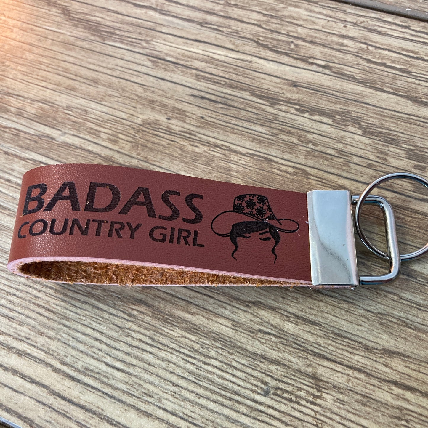 Badass Country Girl (Hat and Glasses) Leather Keychain
