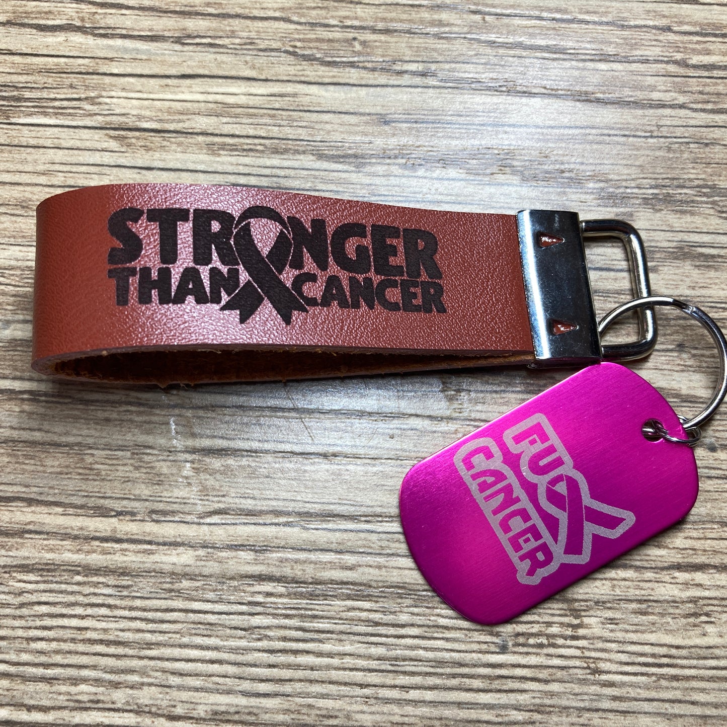 Stronger Than Cancer Leather Keychain Combo